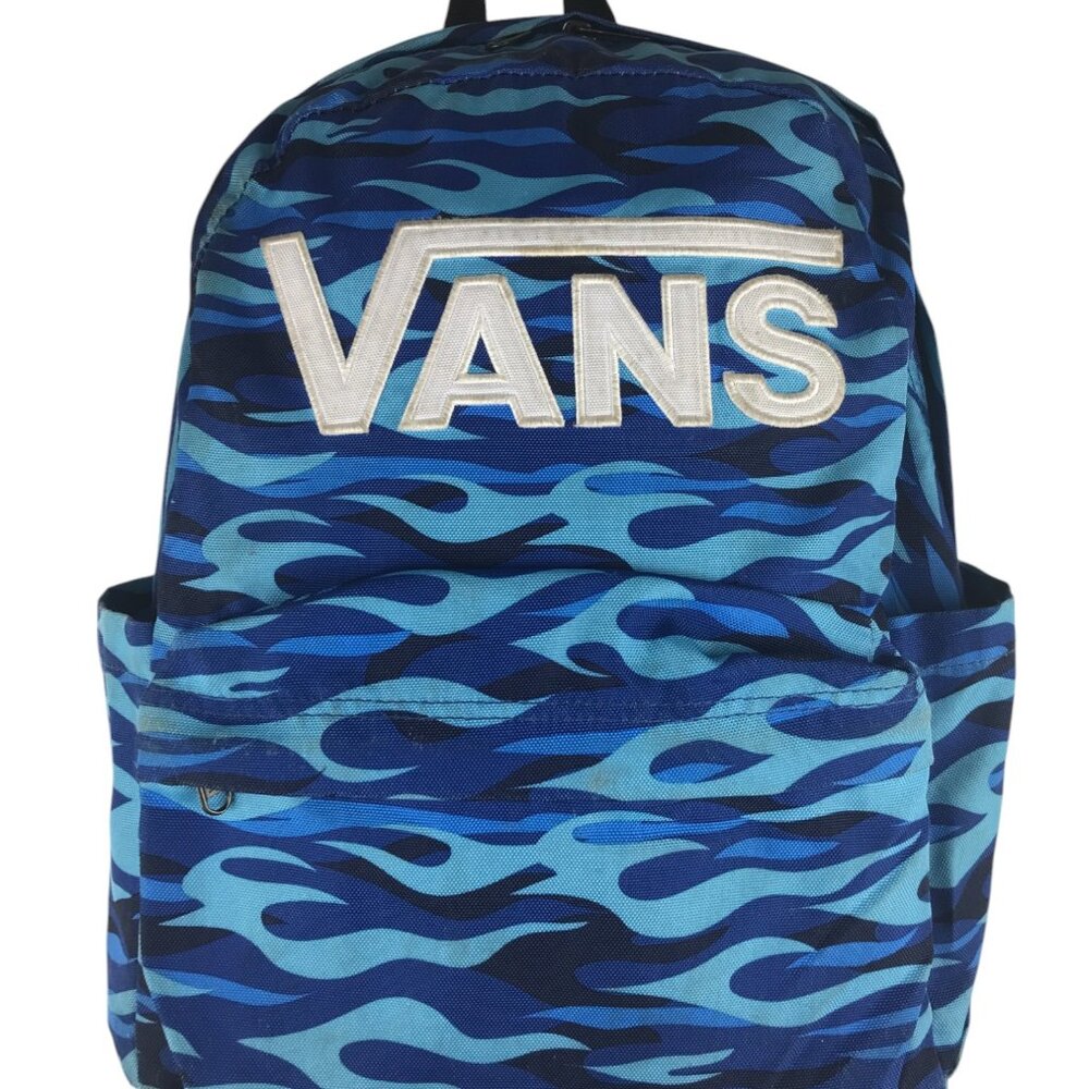 VANS OFF THE WALL Backpack Stitched Logo Aqua/Blue/Black Flames Multiple Pockets